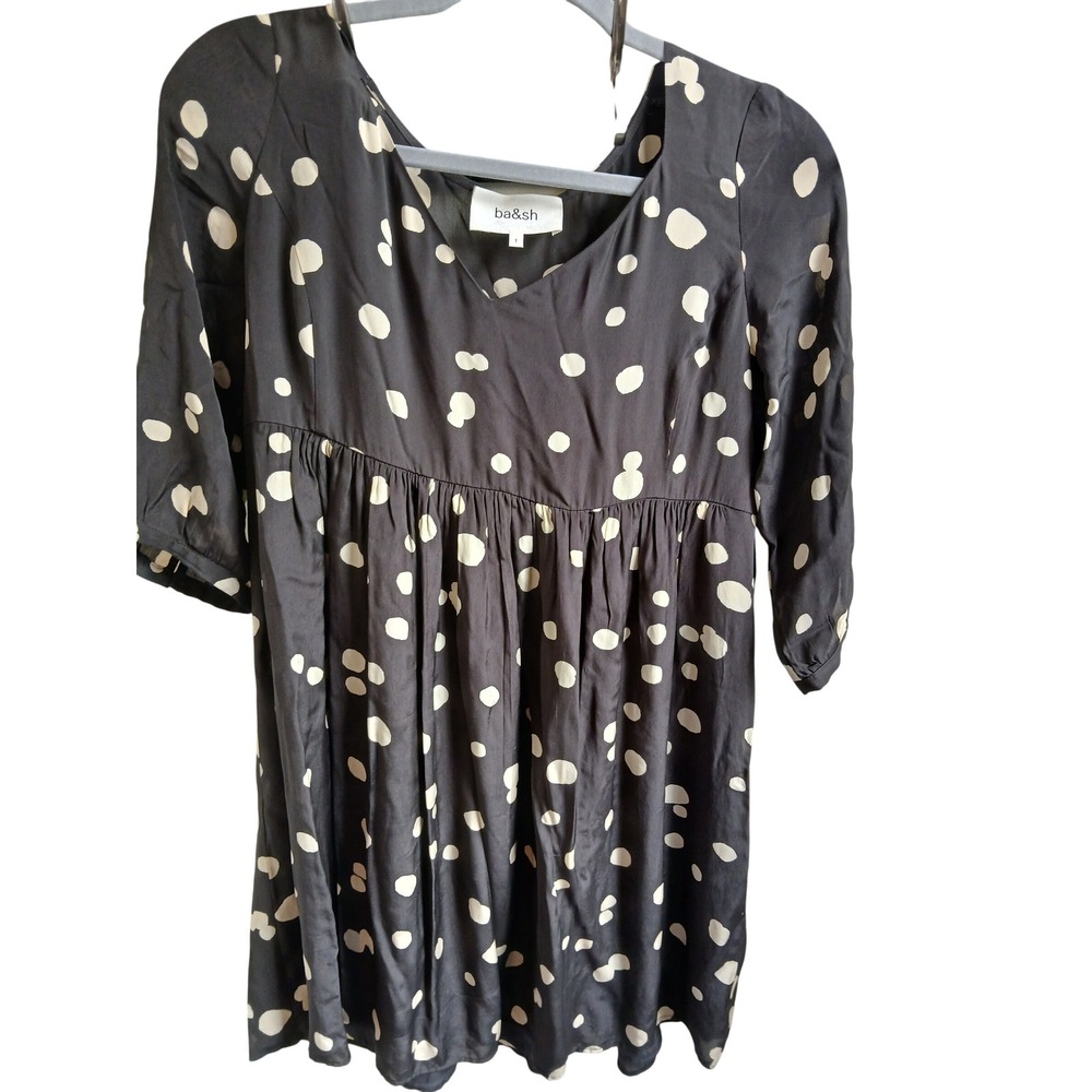 ba&sh Women's Dress Polka Dot Black Cream 3/4 Sleeve Mini Babydoll small
